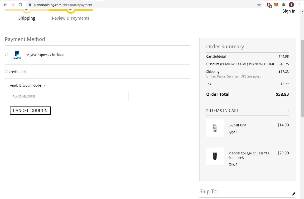 PLANO checkout page showing PLANO discount code box | Screenshot taken by SimplyCodes community member on Aug 9, 2021