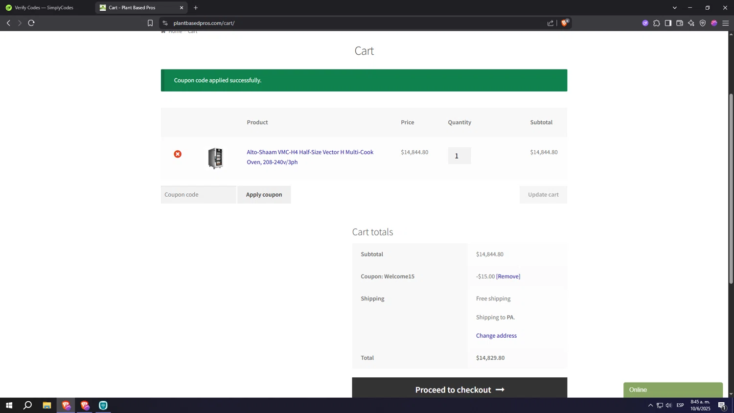 Plant Based Pros coupon code screenshot showing code welcome15 applied at Plant Based Pros checkout page. Uploaded by SimplyCodes community member Machi005 on Jun 10, 2025