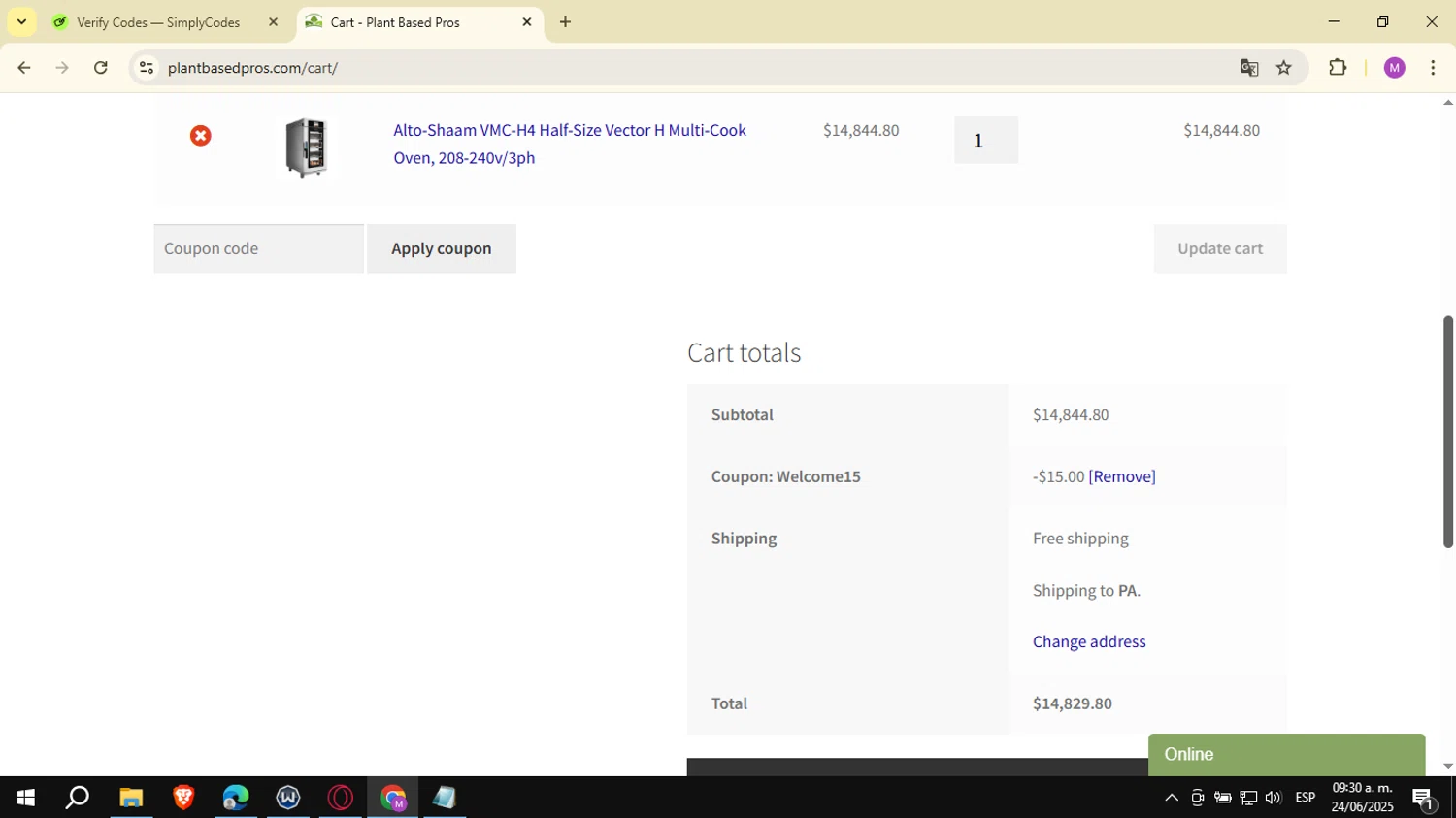 Plant Based Pros coupon code screenshot showing code welcome15 applied at Plant Based Pros checkout page. Uploaded by SimplyCodes community member NobleSeeker3177 on Jun 24, 2025
