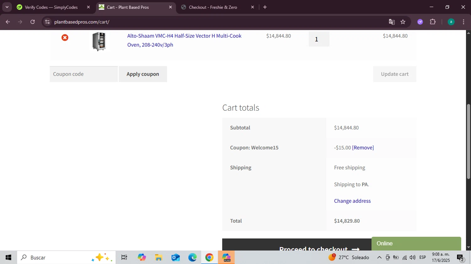 Plant Based Pros coupon code screenshot showing code welcome15 applied at Plant Based Pros checkout page. Uploaded by SimplyCodes community member Santiagotremont on Jun 17, 2025