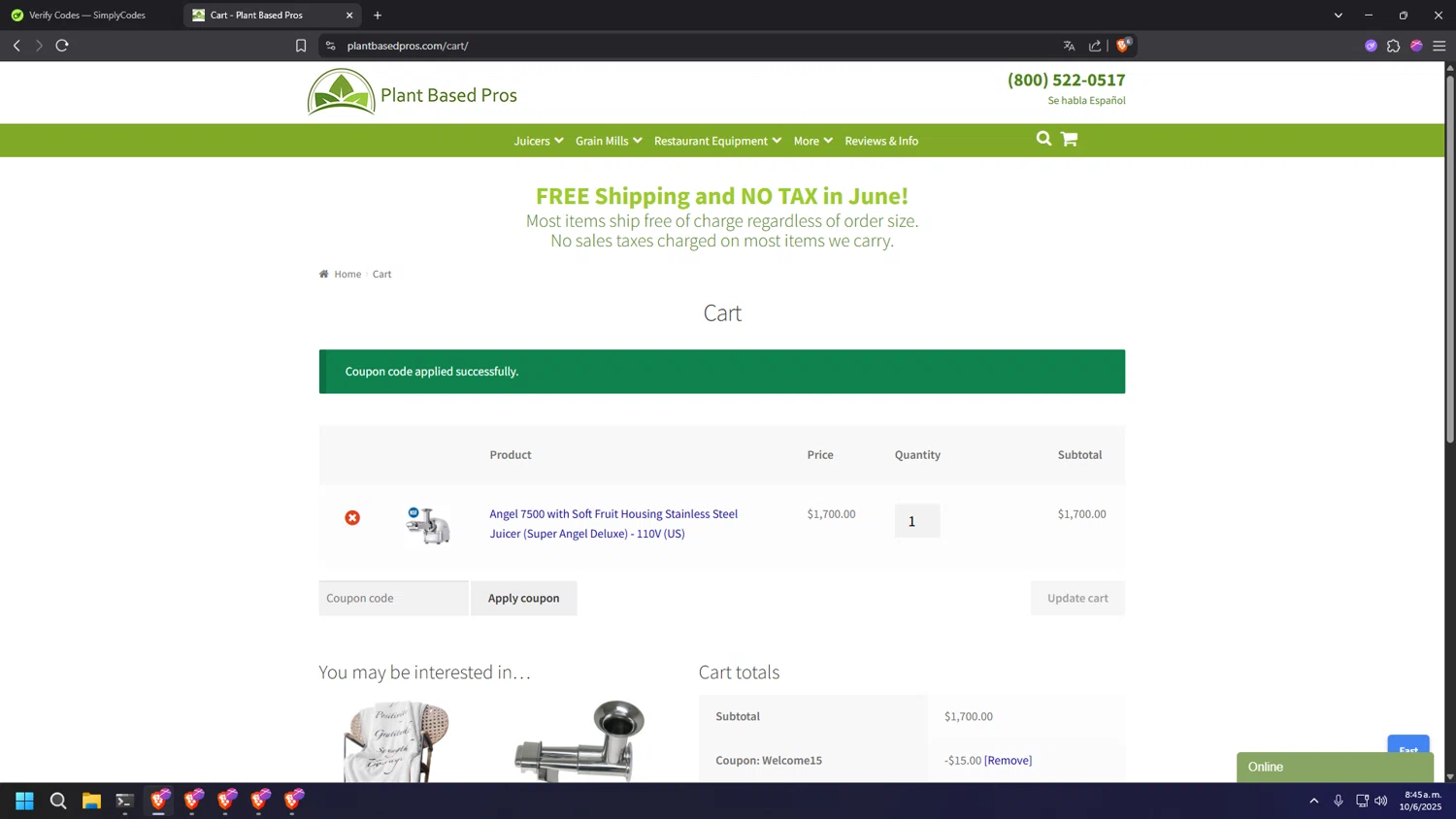 Plant Based Pros checkout page showing Plant Based Pros coupon code box | Screenshot taken by SimplyCodes community member on Jun 10, 2025