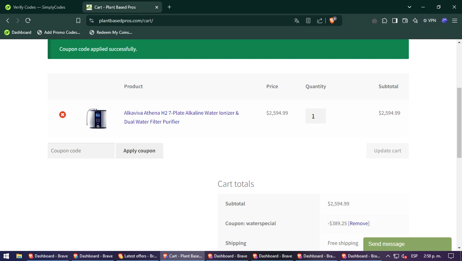 Plant Based Pros coupon code screenshot showing code WaterSpecial applied at Plant Based Pros checkout page. Uploaded by SimplyCodes community member MightyCaptain387 on Jan 11, 2025