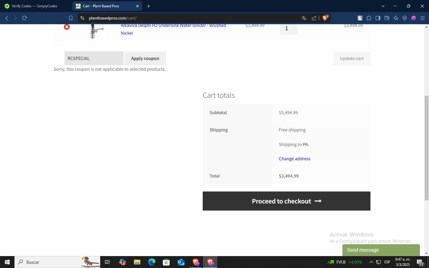 Plant Based Pros coupon code screenshot showing code RCSPECIAL applied at Plant Based Pros checkout page. Uploaded by SimplyCodes community member TokenSaver1205 on Mar 3, 2025