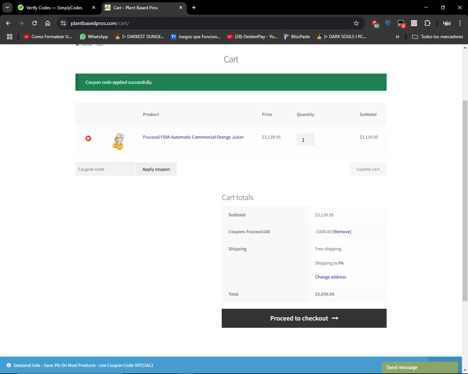Plant Based Pros coupon code screenshot showing code Frucosol100 applied at Plant Based Pros checkout page. Uploaded by SimplyCodes community member MiauMiau on Mar 3, 2025