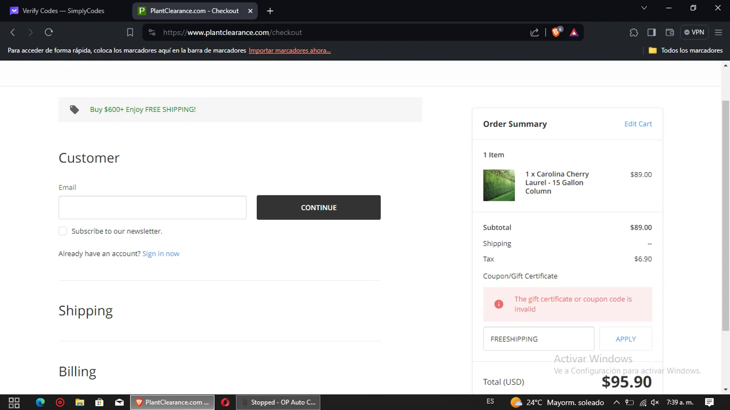 PlantClearance.com checkout page showing PlantClearance.com promo code box | Screenshot taken by SimplyCodes community member on Mar 10, 2024