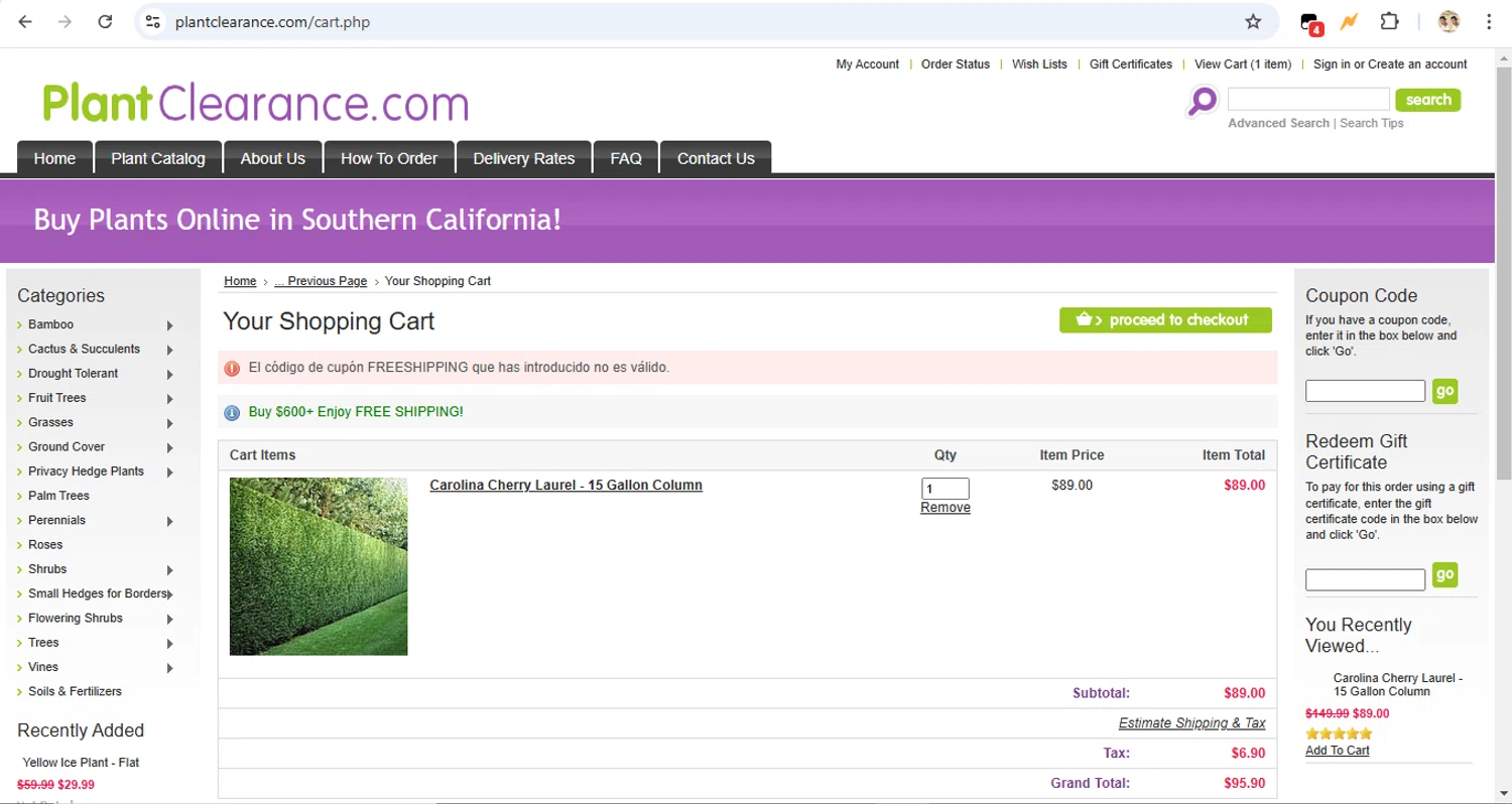 PlantClearance.com promo code screenshot showing code FREESHIPPING applied at PlantClearance.com checkout page. Uploaded by SimplyCodes community member LegendaryTitan9160 on Mar 6, 2025