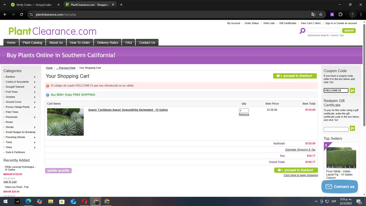 PlantClearance.com promo code screenshot showing code WELCOME15 applied at PlantClearance.com checkout page. Uploaded by SimplyCodes community member Andy2323 on Mar 22, 2025
