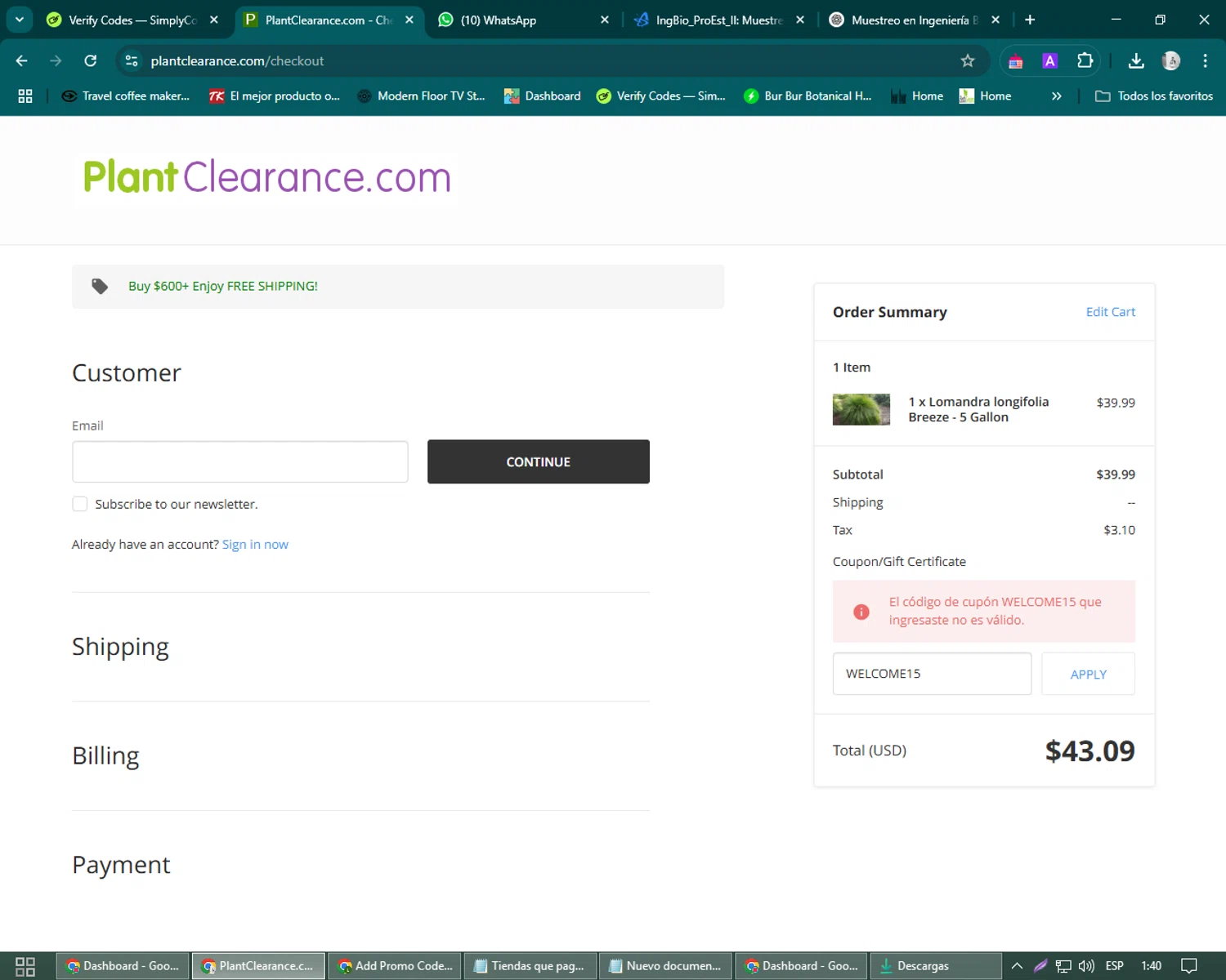 PlantClearance.com promo code screenshot showing code WELCOME15 applied at PlantClearance.com checkout page. Uploaded by SimplyCodes community member John_Johnson on Apr 27, 2025