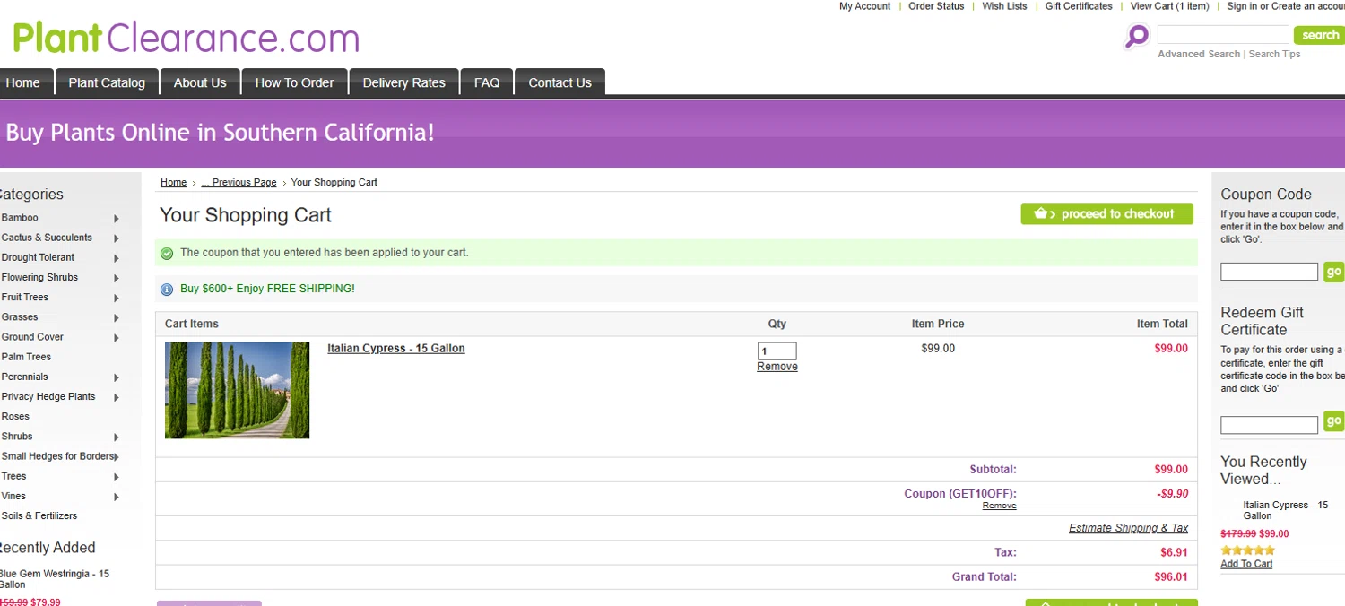 PlantClearance.com promo code screenshot showing code GET10OFF applied at PlantClearance.com checkout page. Uploaded by SimplyCodes community member YISUZZ on Jun 25, 2025