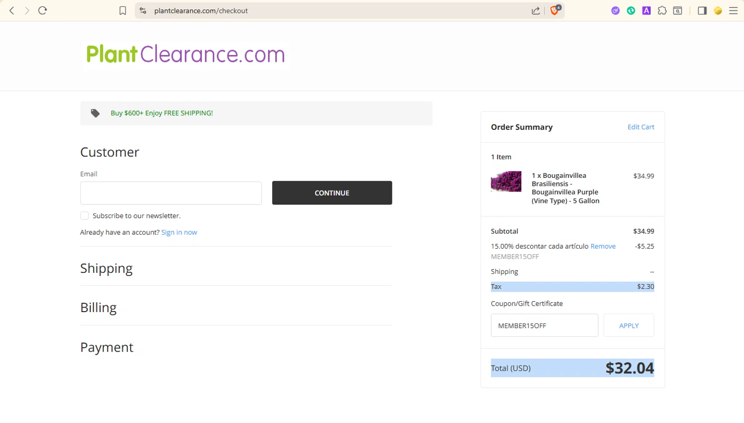 PlantClearance.com promo code screenshot showing code MEMBER15OFF applied at PlantClearance.com checkout page. Uploaded by SimplyCodes community member user1998 on Dec 5, 2025