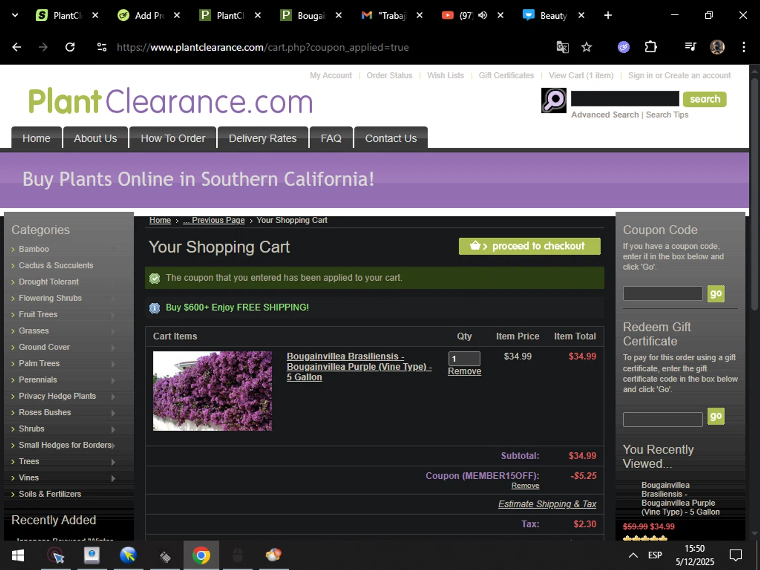 PlantClearance.com promo code screenshot showing code MEMBER15OFF applied at PlantClearance.com checkout page. Uploaded by SimplyCodes community member MarcosAranguren on Dec 5, 2025