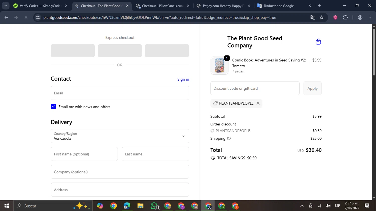 Plant Good Seed promo code screenshot showing code PLANTSANDPEOPLE applied at Plant Good Seed checkout page. Uploaded by SimplyCodes community member GloriousDefender7889 on Oct 2, 2025