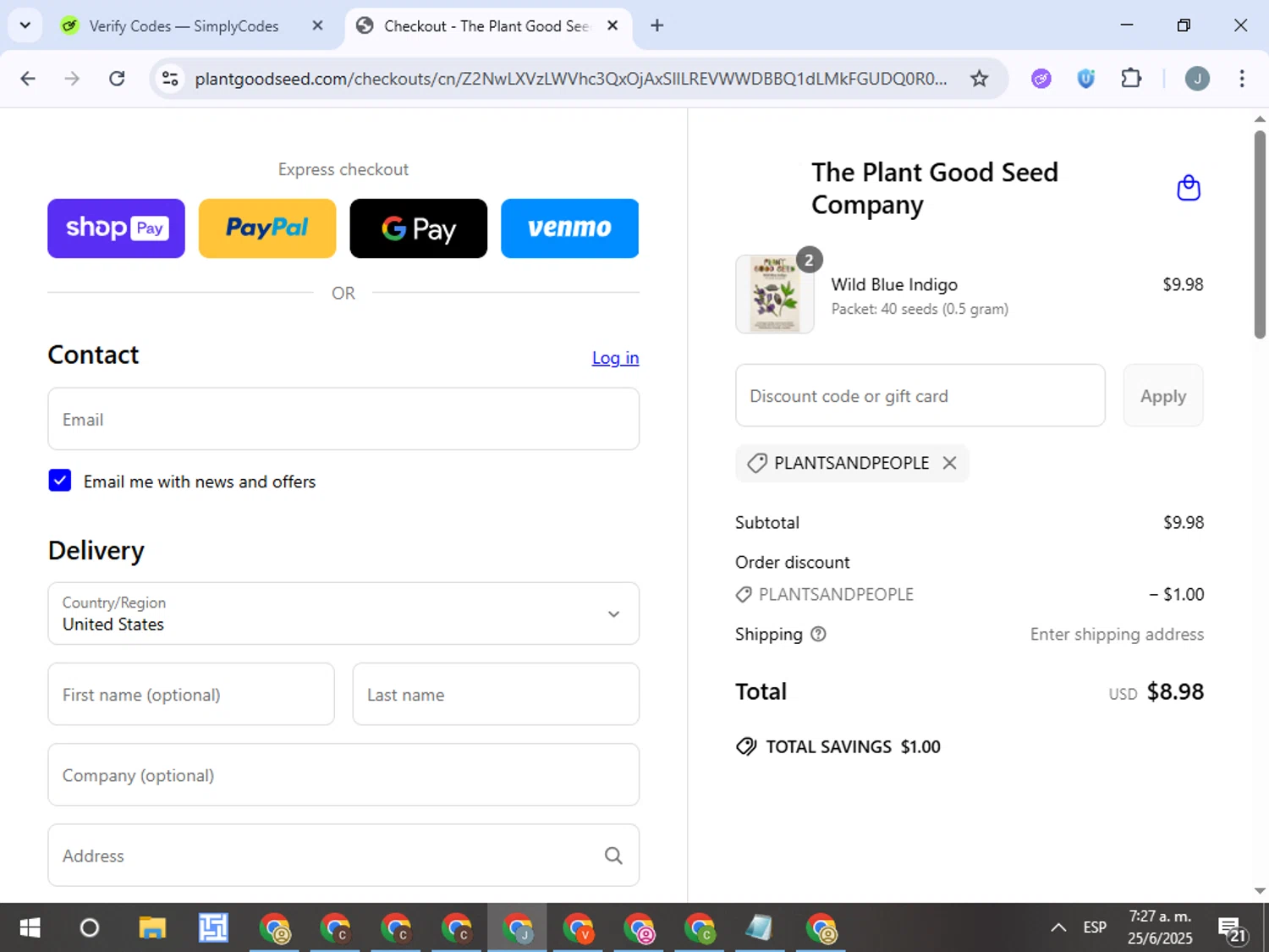 Plant Good Seed promo code screenshot showing code PLANTSANDPEOPLE applied at Plant Good Seed checkout page. Uploaded by SimplyCodes community member ValueTracker8384 on Jun 25, 2025
