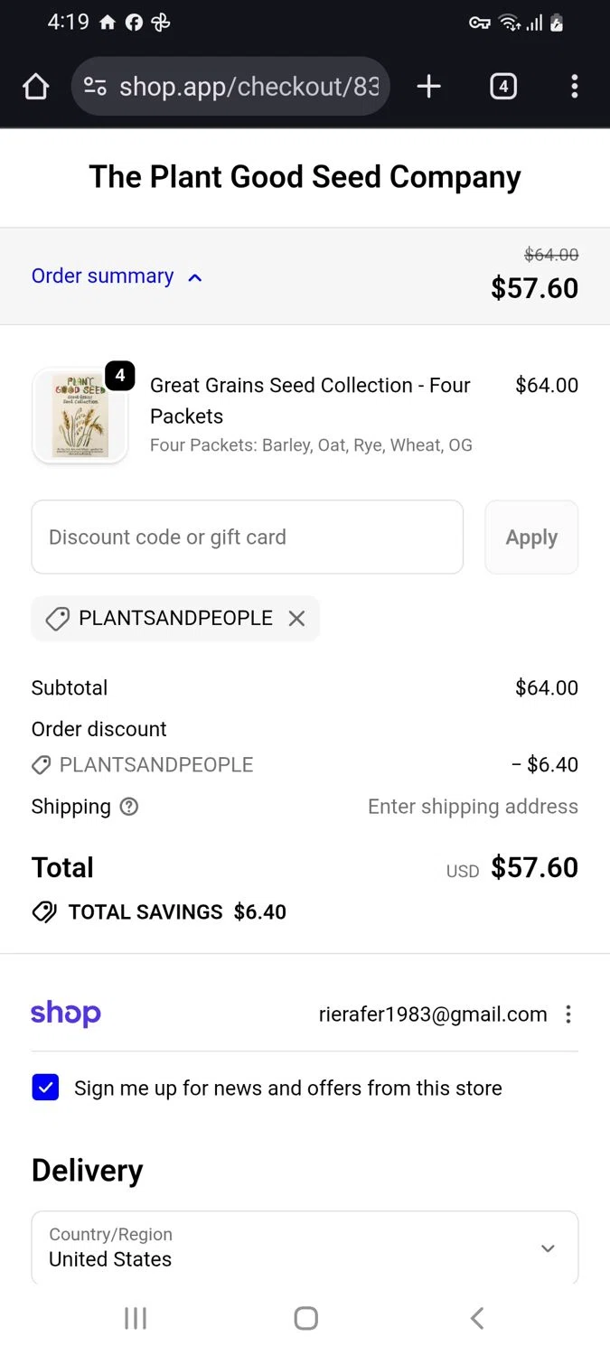 Plant Good Seed promo code screenshot showing code PLANTSANDPEOPLE applied at Plant Good Seed checkout page. Uploaded by SimplyCodes community member tulioriera on Jan 1, 2026