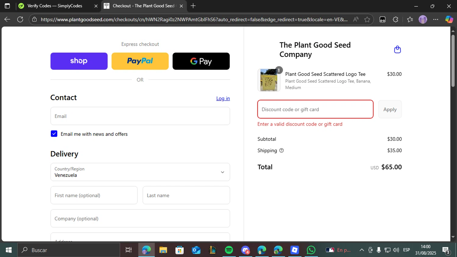 Plant Good Seed promo code screenshot showing code laborday2025 applied at Plant Good Seed checkout page. Uploaded by SimplyCodes community member THEBANANA on Aug 31, 2025