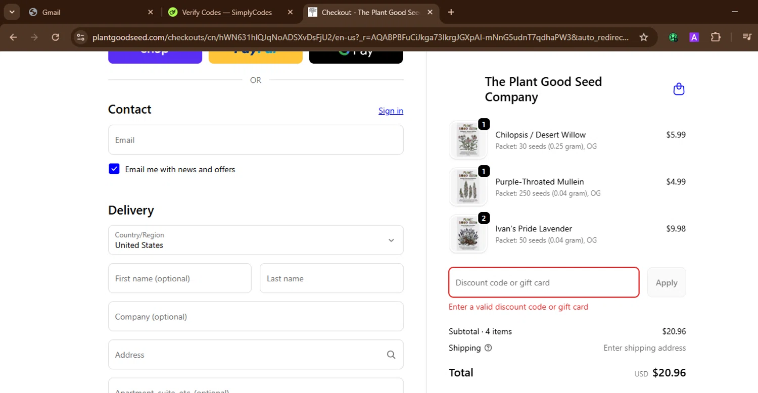 Plant Good Seed promo code screenshot showing code HOLIYAYSEEDS applied at Plant Good Seed checkout page. Uploaded by SimplyCodes community member SnoopDogg on Dec 4, 2025