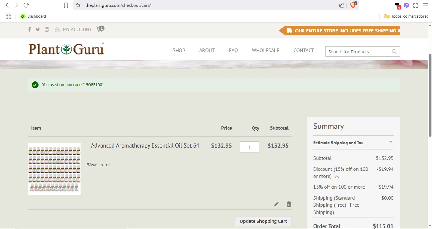 Plant Guru Inc. promo code screenshot showing code 15OFF100 applied at Plant Guru Inc. checkout page. Uploaded by SimplyCodes community member LegendaryTitan9160 on May 26, 2025