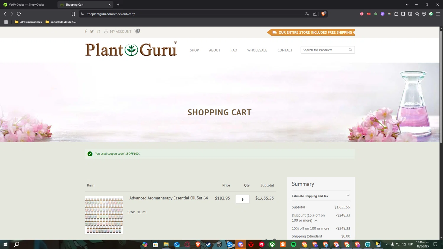 Plant Guru Inc. promo code screenshot showing code 15OFF100 applied at Plant Guru Inc. checkout page. Uploaded by SimplyCodes community member SimplyNerd on Jun 16, 2025