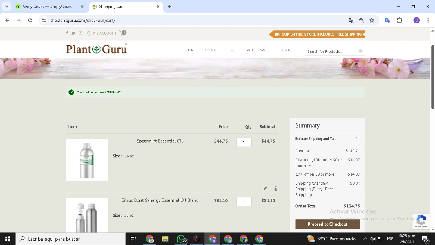 Plant Guru Inc. promo code screenshot showing code 10OFF50 applied at Plant Guru Inc. checkout page. Uploaded by SimplyCodes community member ShieldSeeker6695 on Jun 10, 2025