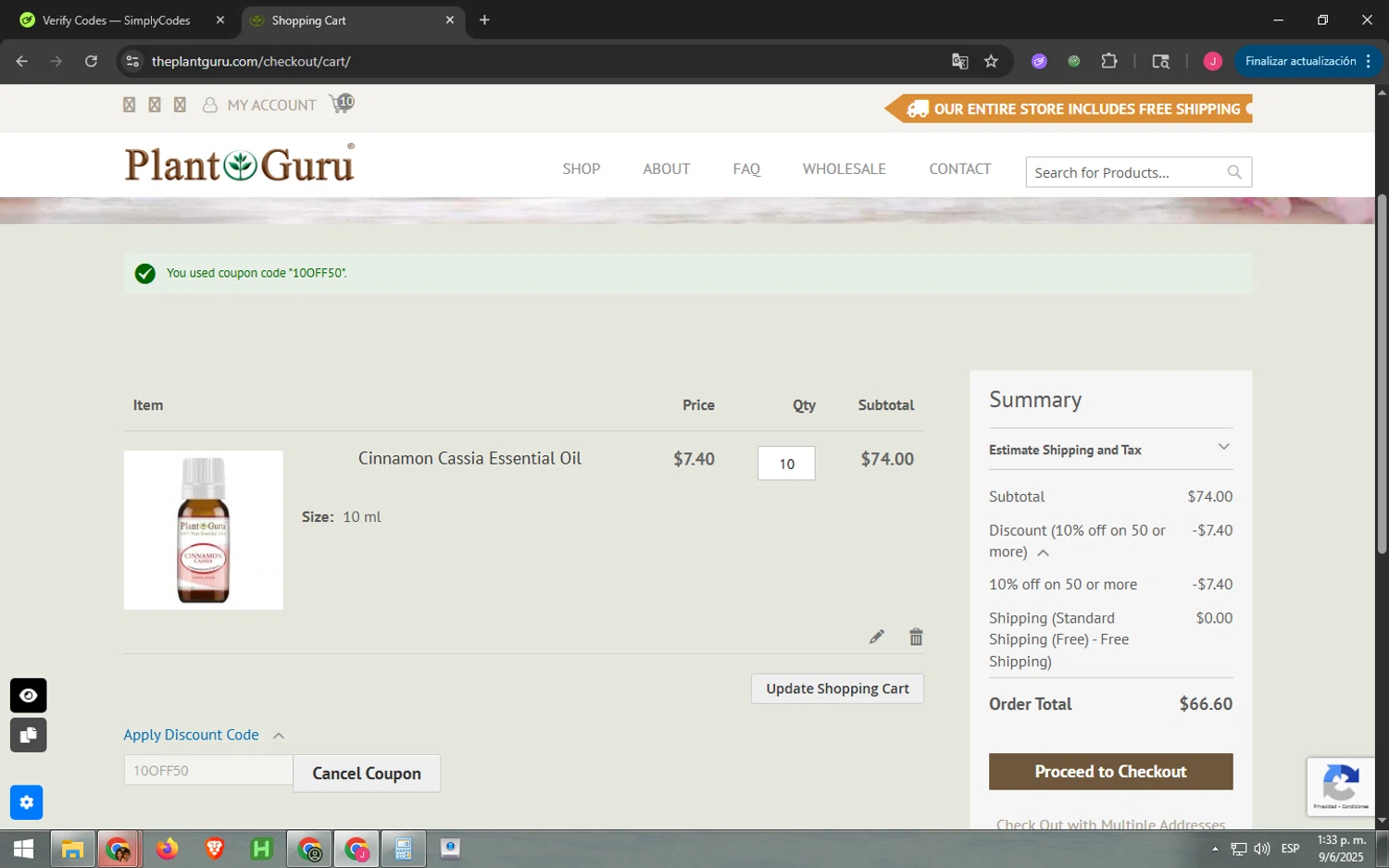 Plant Guru Inc. promo code screenshot showing code 10OFF50 applied at Plant Guru Inc. checkout page. Uploaded by SimplyCodes community member WonderAce9334 on Jun 9, 2025