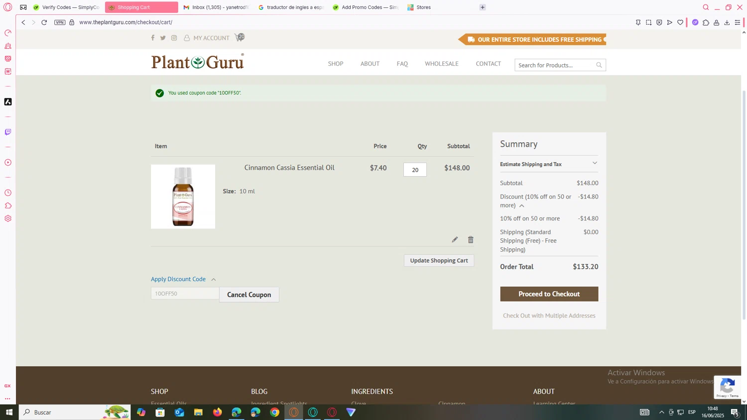 Plant Guru Inc. promo code screenshot showing code 10OFF50 applied at Plant Guru Inc. checkout page. Uploaded by SimplyCodes community member yanetrod on Jun 16, 2025