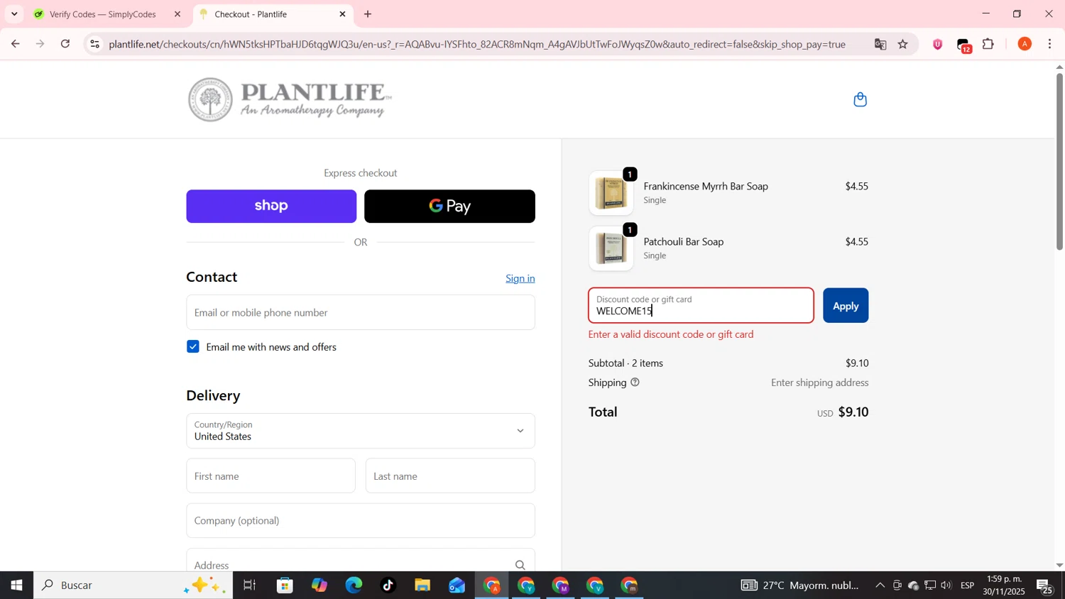 Plantlife discount code screenshot showing code WELCOME15 applied at Plantlife checkout page. Uploaded by SimplyCodes community member FrugalSentinel6206 on Nov 30, 2025