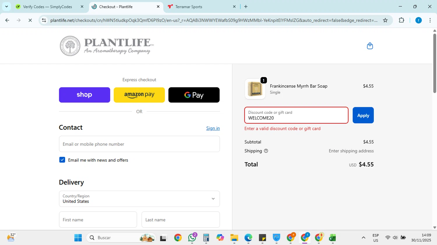 Plantlife discount code screenshot showing code WELCOME20 applied at Plantlife checkout page. Uploaded by SimplyCodes community member FRANCYCASERES12 on Nov 30, 2025