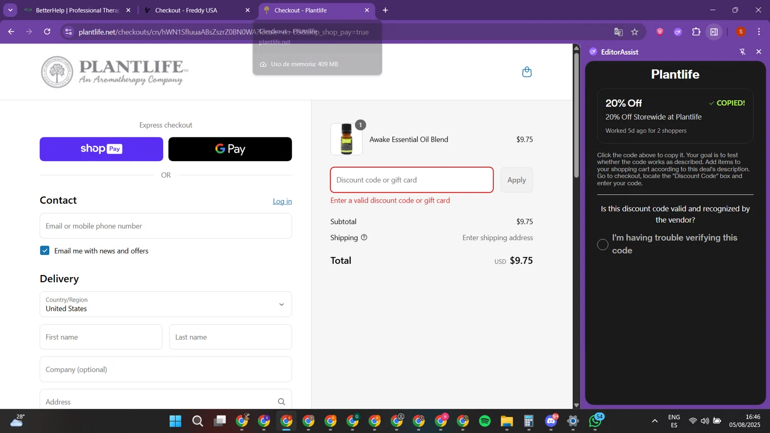 Plantlife discount code screenshot showing code SUMMERoils applied at Plantlife checkout page. Uploaded by SimplyCodes community member PrimeTracker2179 on Aug 5, 2025