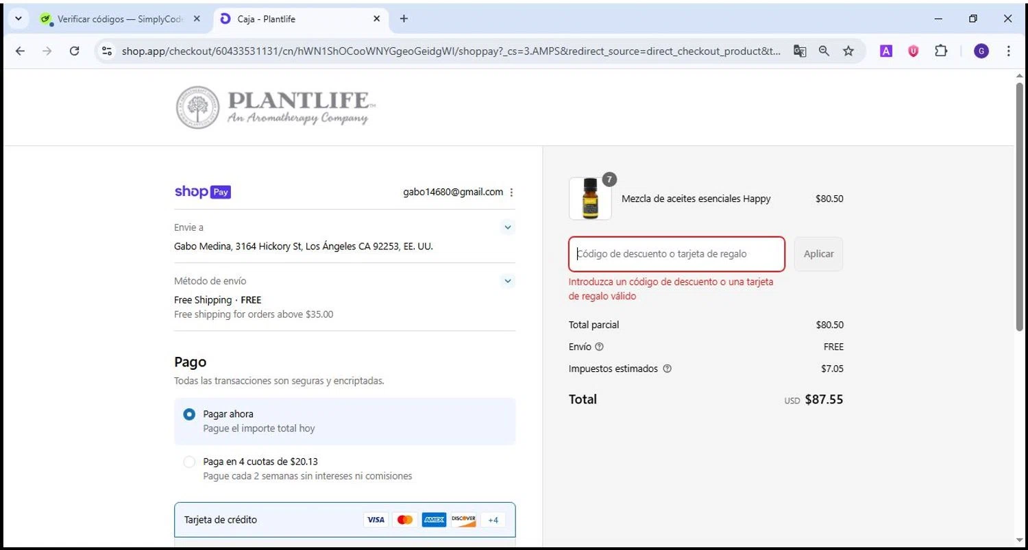 Plantlife discount code screenshot showing code SUMMERoils applied at Plantlife checkout page. Uploaded by SimplyCodes community member Theking on Aug 5, 2025