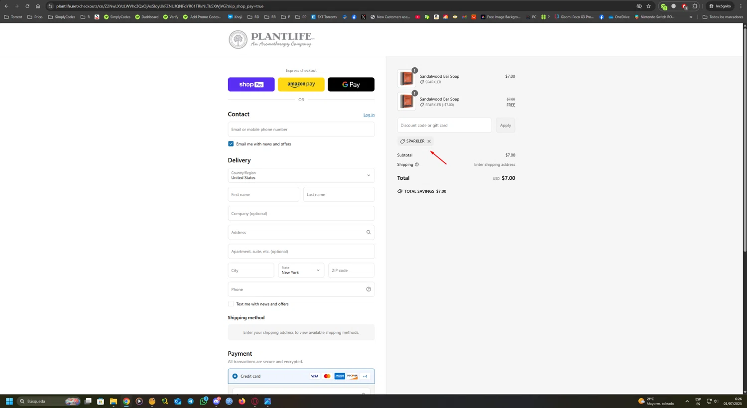 Plantlife discount code screenshot showing code SPARKLER applied at Plantlife checkout page. Uploaded by SimplyCodes community member UnkNownVnzla on Jul 1, 2025