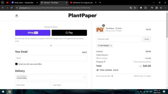 Plant Paper checkout page showing Plant Paper discount code box | Screenshot taken by SimplyCodes community member on Mar 28, 2024