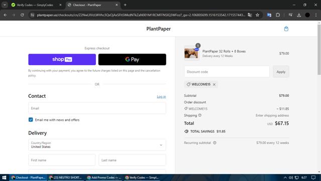 Plant Paper checkout page showing Plant Paper discount code box | Screenshot taken by SimplyCodes community member on May 13, 2024
