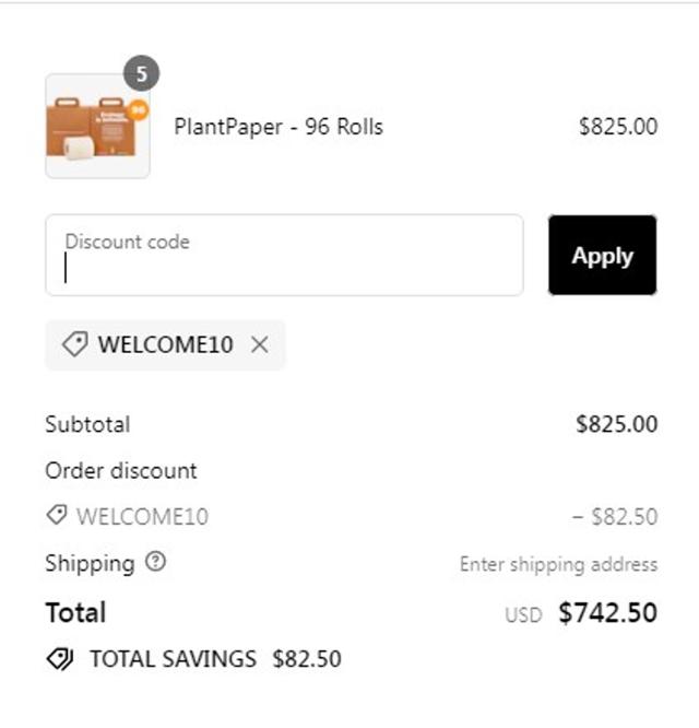 Plant Paper checkout page showing Plant Paper discount code box | Screenshot taken by SimplyCodes community member on Jan 5, 2024