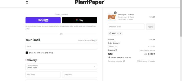 Plant Paper checkout page showing Plant Paper discount code box | Screenshot taken by SimplyCodes community member on Dec 25, 2023