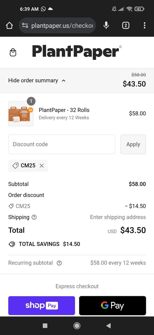Plant Paper checkout page showing Plant Paper discount code box | Screenshot taken by SimplyCodes community member on Apr 24, 2024