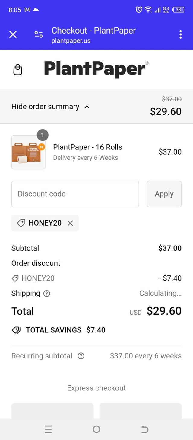 Plant Paper checkout page showing Plant Paper discount code box | Screenshot taken by SimplyCodes community member on Apr 26, 2024