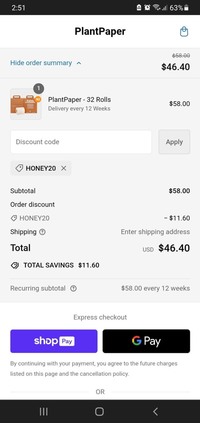 Plant Paper checkout page showing Plant Paper discount code box | Screenshot taken by SimplyCodes community member on May 15, 2024