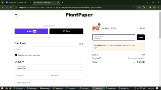 Plant Paper checkout page showing Plant Paper discount code box | Screenshot taken by SimplyCodes community member on Mar 28, 2024