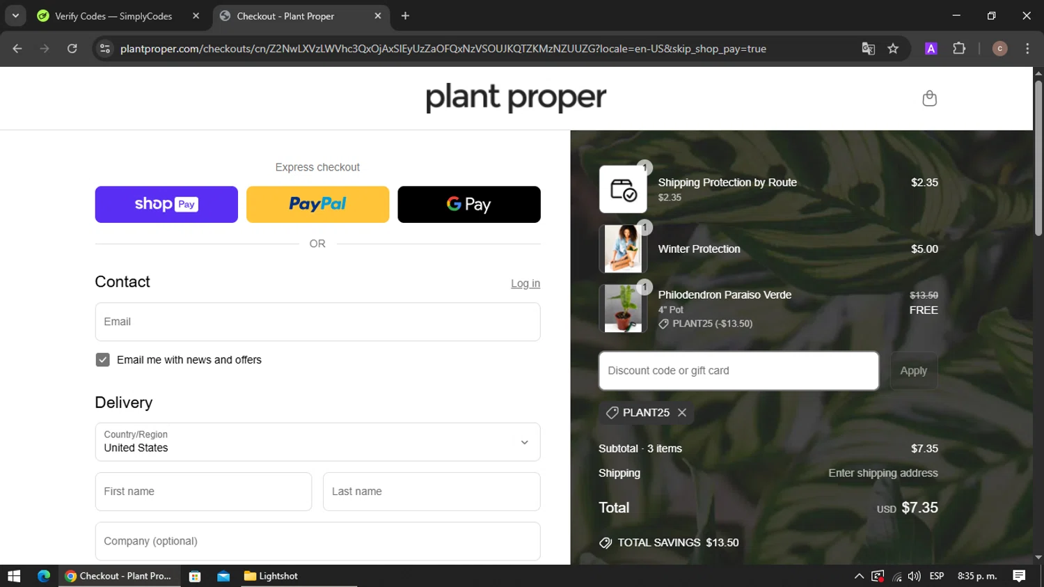 Plant Proper discount code screenshot showing code PLANT25 applied at Plant Proper checkout page. Uploaded by SimplyCodes community member VoucherRanger901 on Mar 24, 2025