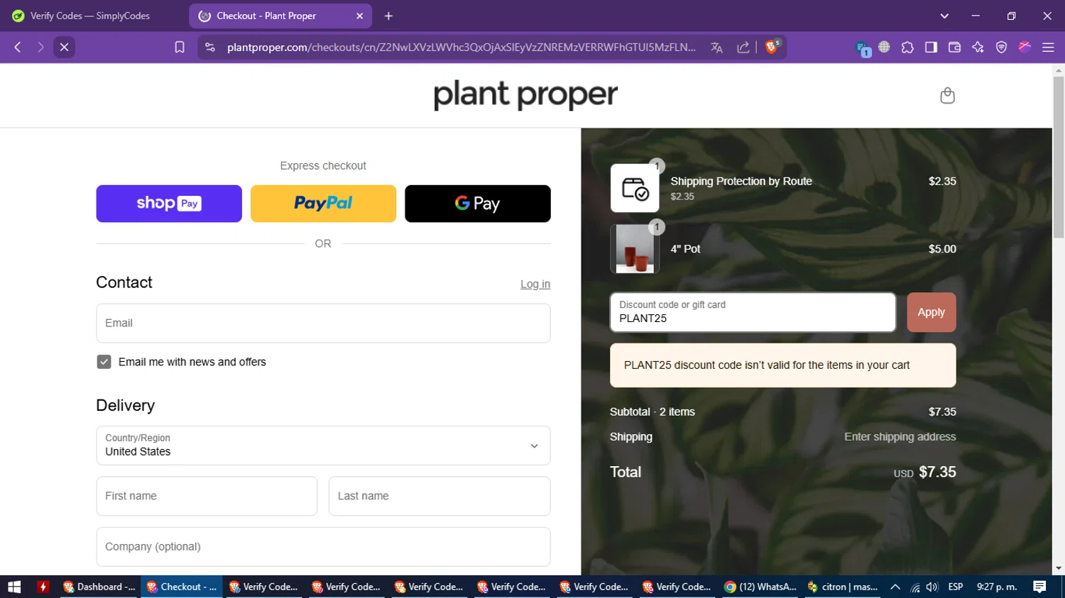 Plant Proper discount code screenshot showing code PLANT25 applied at Plant Proper checkout page. Uploaded by SimplyCodes community member CleverMaverick2546 on Mar 24, 2025