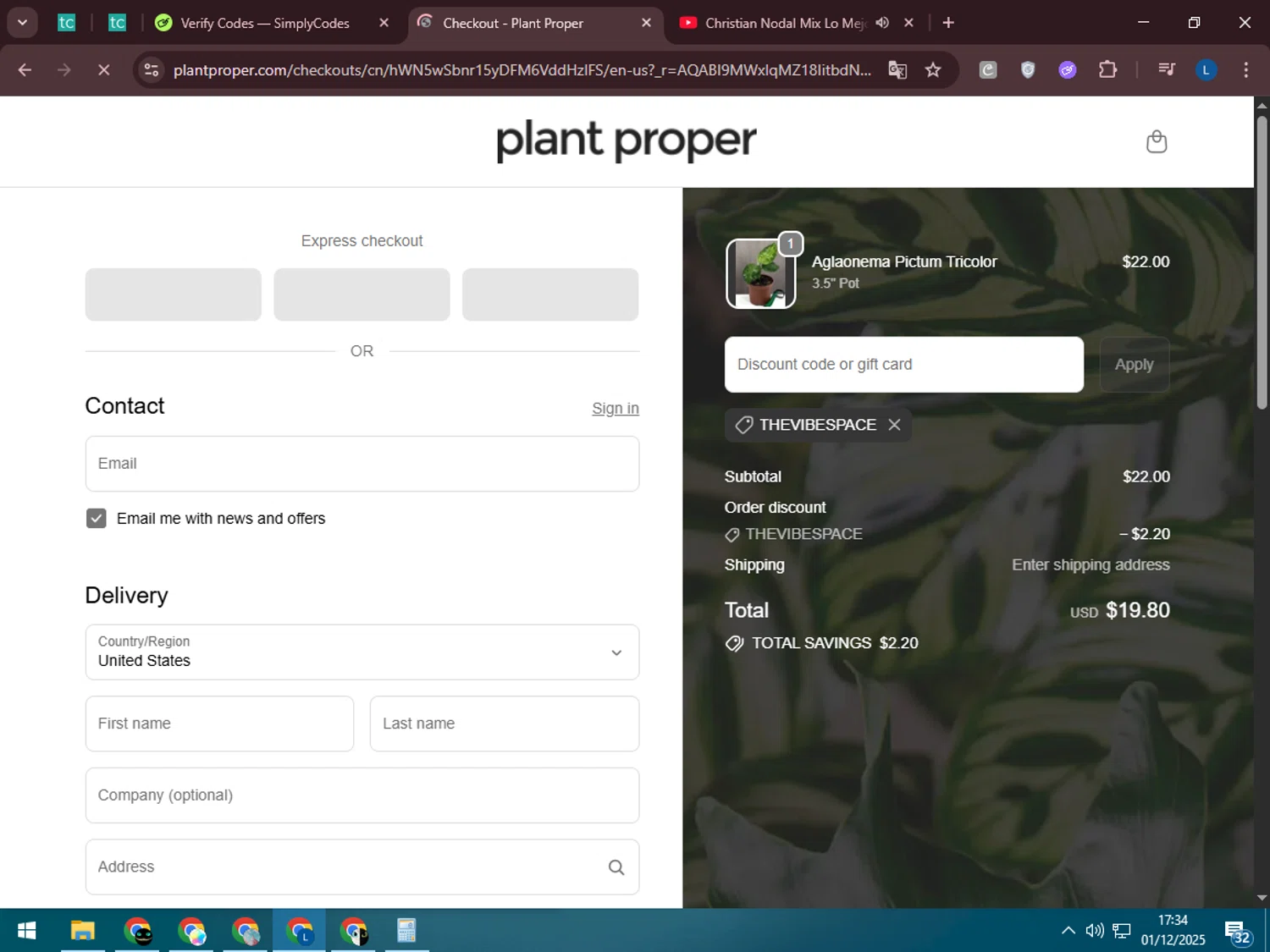 Plant Proper discount code screenshot showing code THEVIBESPACE applied at Plant Proper checkout page. Uploaded by SimplyCodes community member LegendaryLegend5536 on Dec 1, 2025