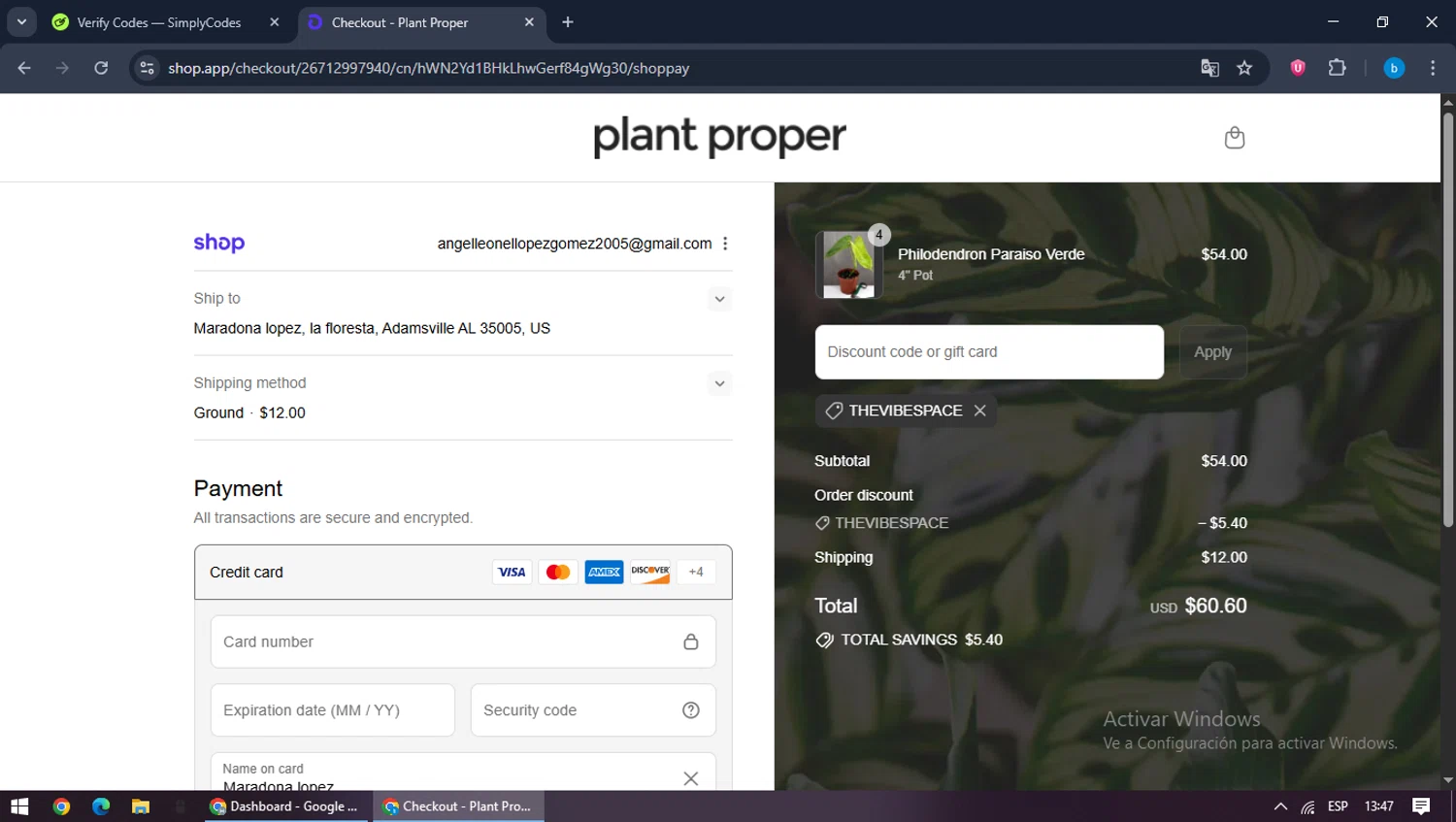 Plant Proper discount code screenshot showing code THEVIBESPACE applied at Plant Proper checkout page. Uploaded by SimplyCodes community member bilijr on Sep 3, 2025