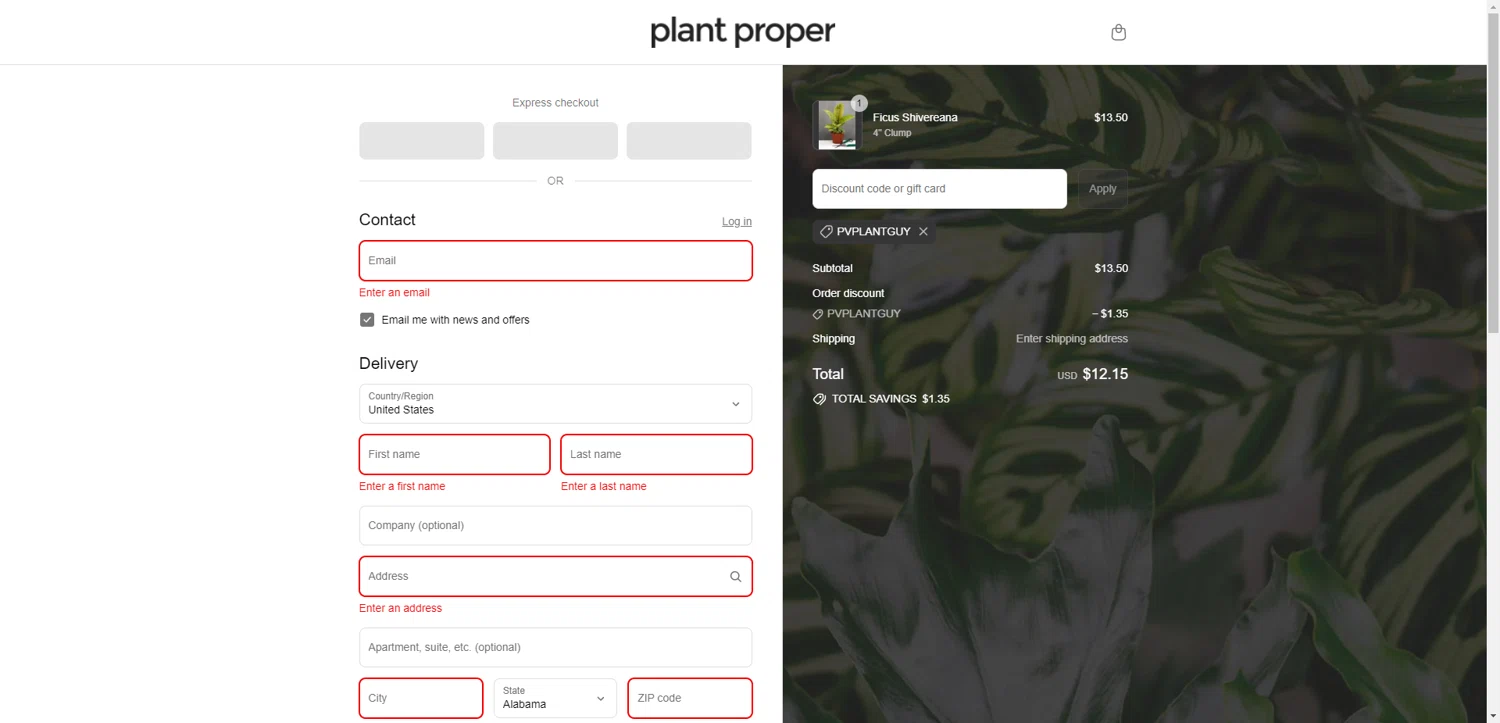 Plant Proper discount code screenshot showing code PVPLANTGUY applied at Plant Proper checkout page. Uploaded by SimplyCodes community member BrilliantRanger9984 on Sep 3, 2025