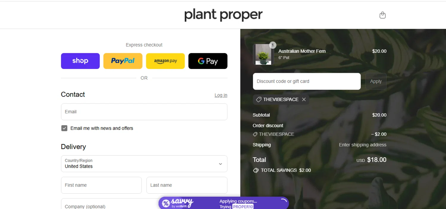Plant Proper discount code screenshot showing code THEVIBESPACE applied at Plant Proper checkout page. Uploaded by SimplyCodes community member shark12 on Sep 3, 2025