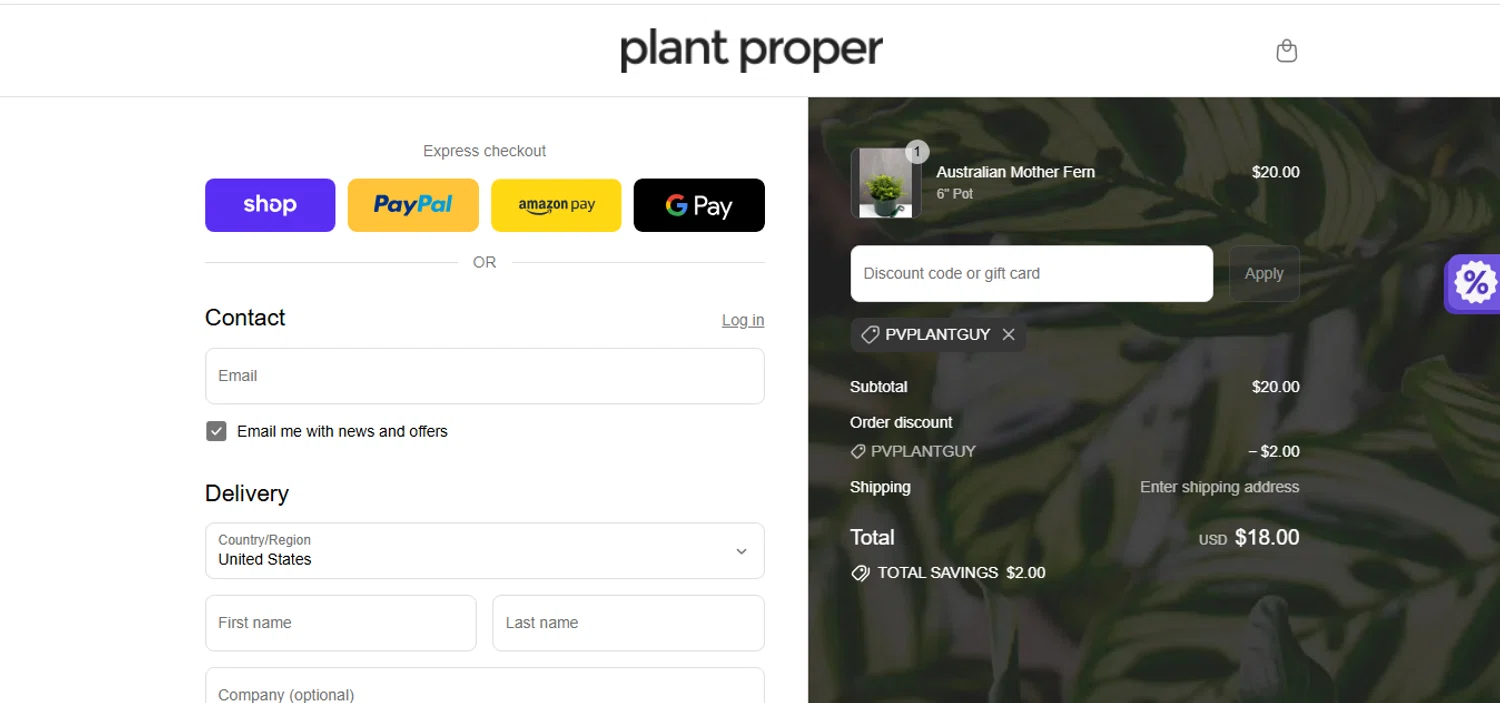 Plant Proper discount code screenshot showing code PVPLANTGUY applied at Plant Proper checkout page. Uploaded by SimplyCodes community member shark12 on Sep 3, 2025