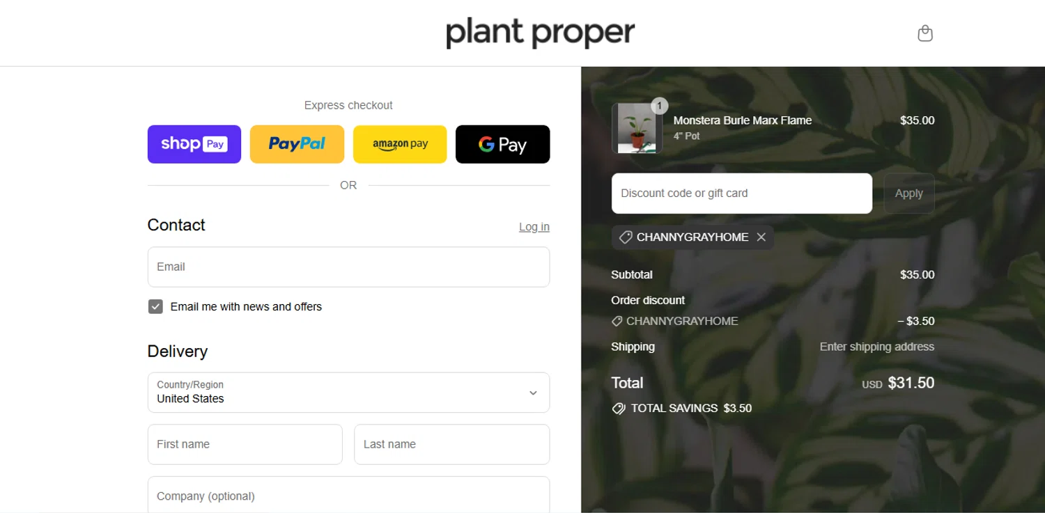 Plant Proper discount code screenshot showing code CHANNYGRAYHOME applied at Plant Proper checkout page. Uploaded by SimplyCodes community member shark12 on Jul 15, 2025