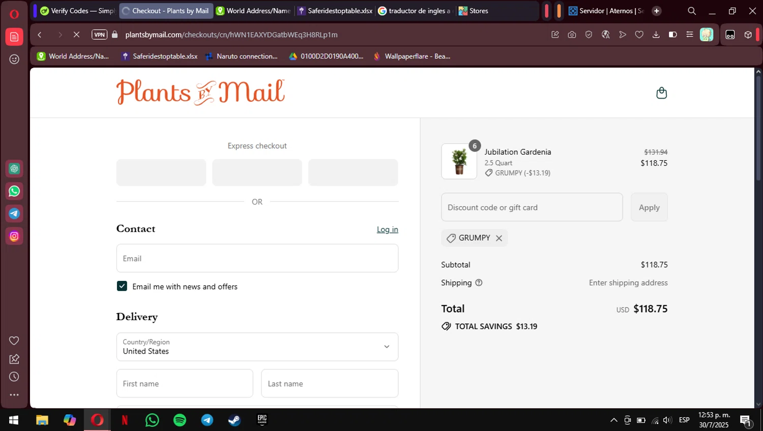 PlantsbyMail.com promo code screenshot showing code GRUMPY applied at PlantsbyMail.com checkout page. Uploaded by SimplyCodes community member MimusukyNara on Jul 30, 2025