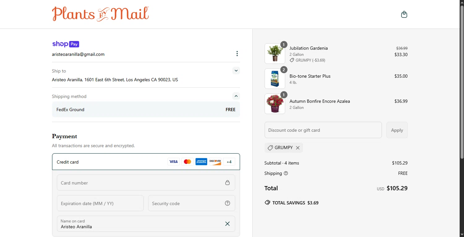 PlantsbyMail.com promo code screenshot showing code GRUMPY applied at PlantsbyMail.com checkout page. Uploaded by SimplyCodes community member rapiddeals on May 18, 2025