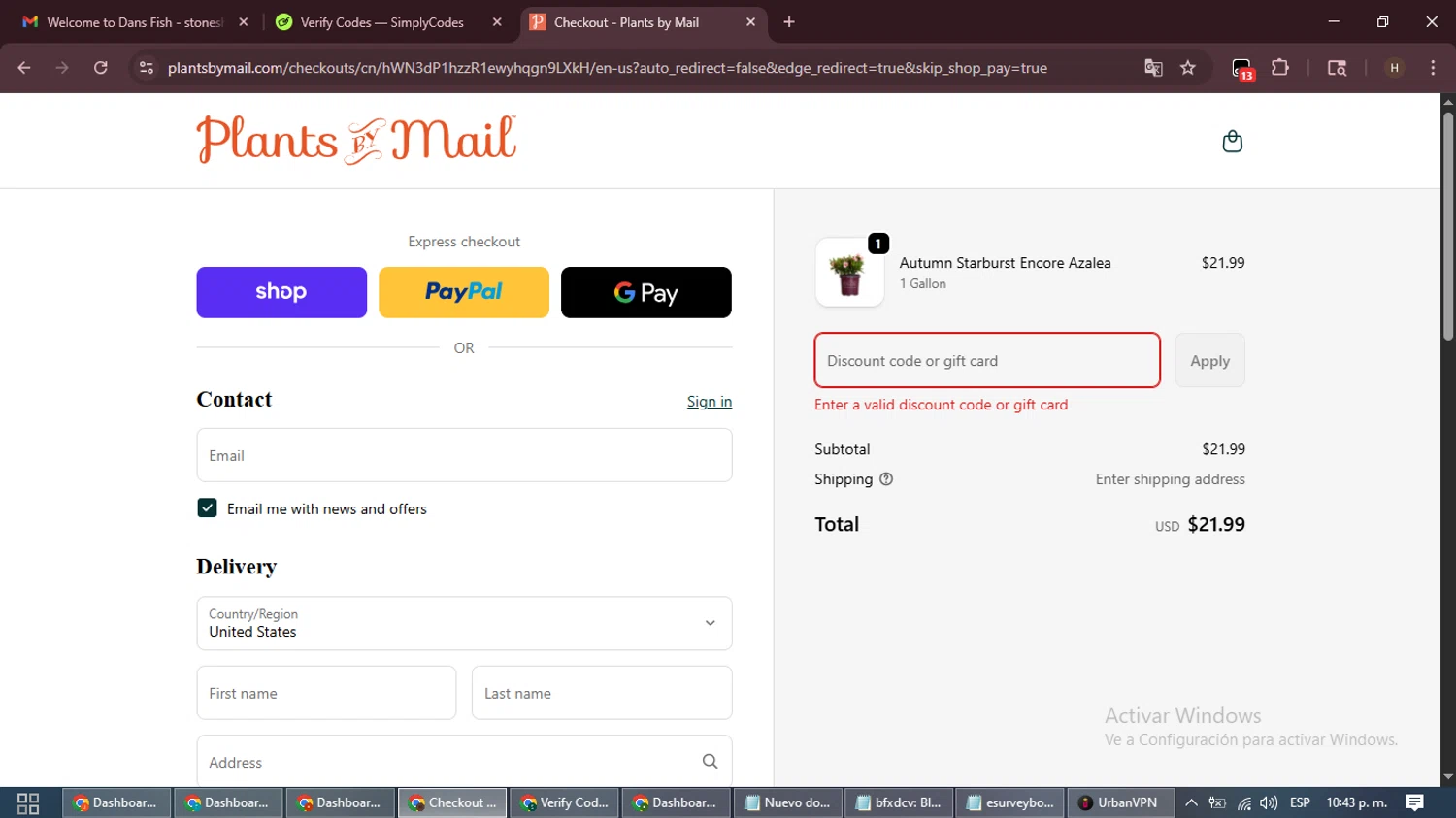 PlantsbyMail.com promo code screenshot showing code ENCORE15 applied at PlantsbyMail.com checkout page. Uploaded by SimplyCodes community member VictoriousPioneer8823 on Oct 2, 2025