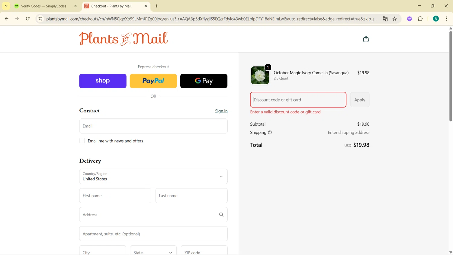 PlantsbyMail.com promo code screenshot showing code cam15 applied at PlantsbyMail.com checkout page. Uploaded by SimplyCodes community member BargainMonarch6495 on Nov 7, 2025